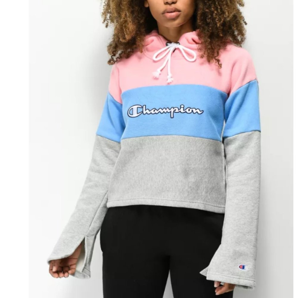 Champion Pink & Blue Reverse Weave Crop Hoodie Bell Sleeve Size XS
